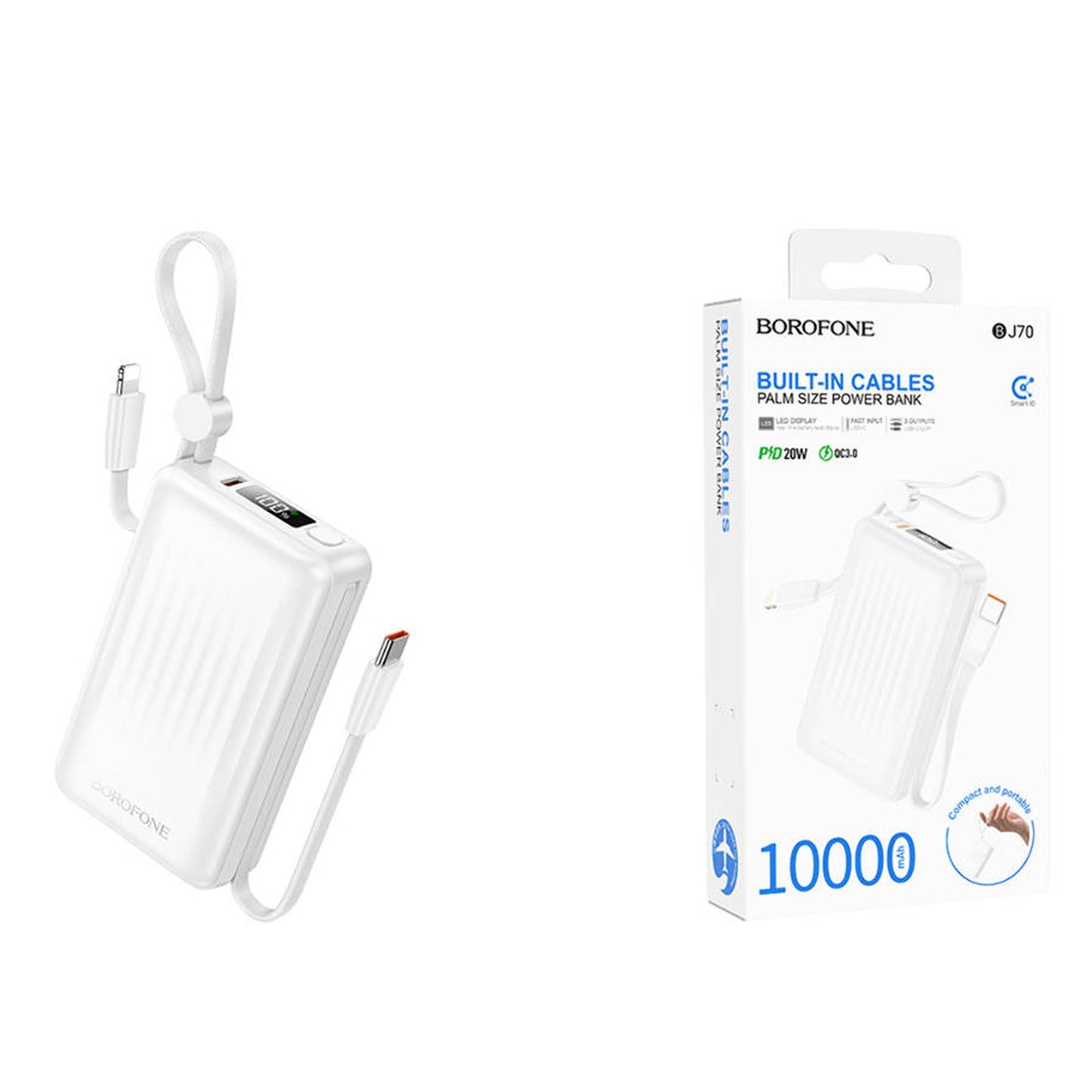 BOROFONE BJ70 Power Bank 10000mAh PD 20W Fast Charging with Built-in Type-C & Lightning Cables
