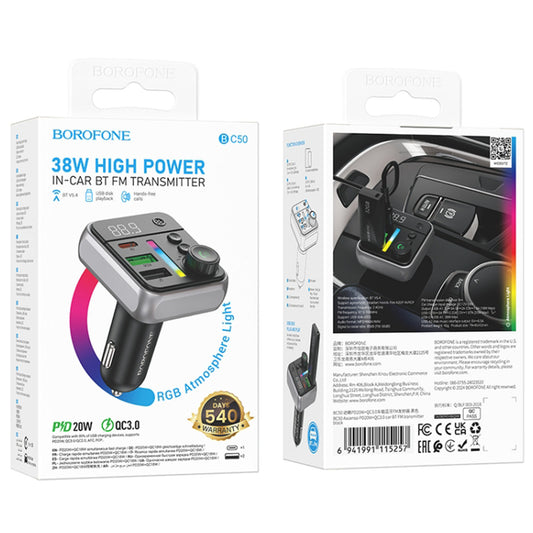 Borofone BC50 Ascenso PD20W & QC3.0 Car Bluetooth FM Transmitter – Fast Charging, Wireless Music, Dual USB & Type-C Ports