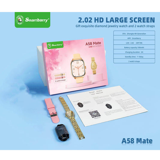 Smartbarry A58 Mate Smartwatch – 2.02" HD Display, Bluetooth Calling, Diamond Jewelry Gift Set, Dual Straps